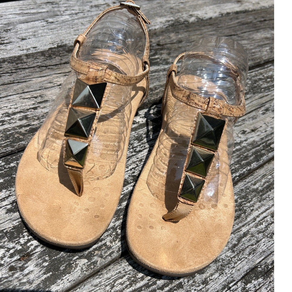 Vionic Monala Cork Studded Slingback Sandals Tan Gold Pyramid Thong Womens 7